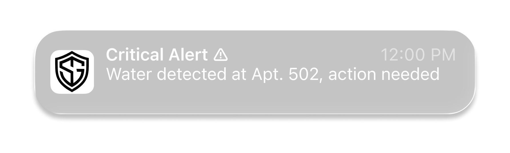 Example critical alert: water detected at Apt. 502, action needed.