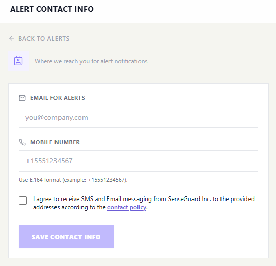 SenseGuard account signup: text message alerts section with disclosure text and checkbox to agree to receive text messages from SenseGuard at the mobile number provided.